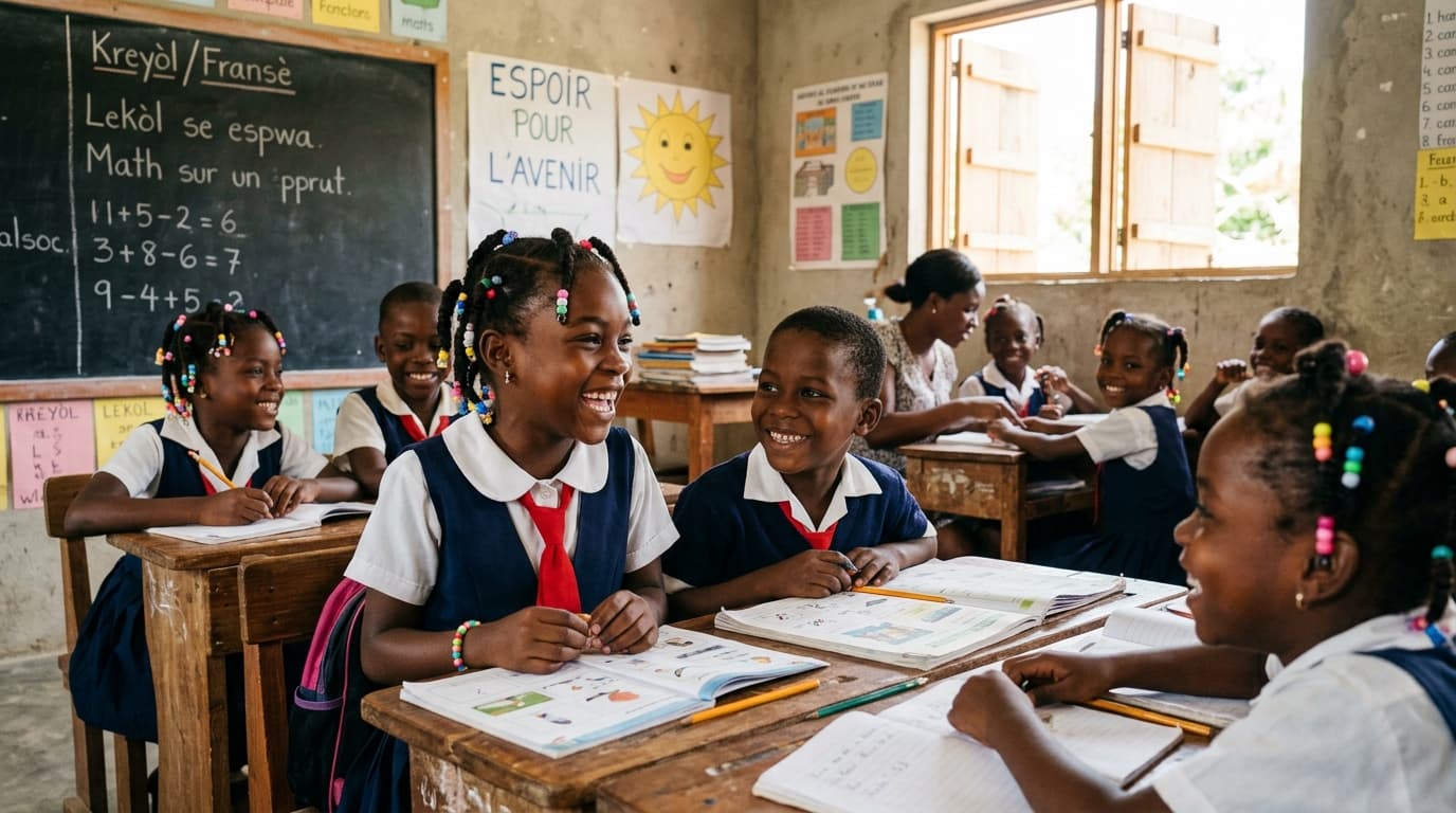 Enfants haïtiens souriants en classe